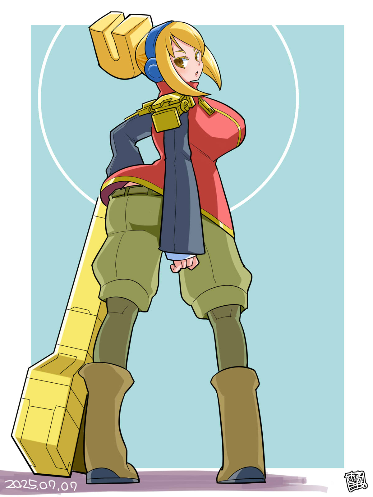 itini-sanshi, robin (the iconoclasts), the iconoclasts, commentary request, highres, 1girl, belt, black shirt, blonde hair, blue background, boots, breasts, brown boots, brown eyes, dated, full body, green belt, green pantyhose, green shorts, headphones, holding, holding wrench, large breasts, long sleeves, looking at viewer, looking back, pantyhose, red vest, shirt, short hair, shorts, solo, vest, wrench, zipper