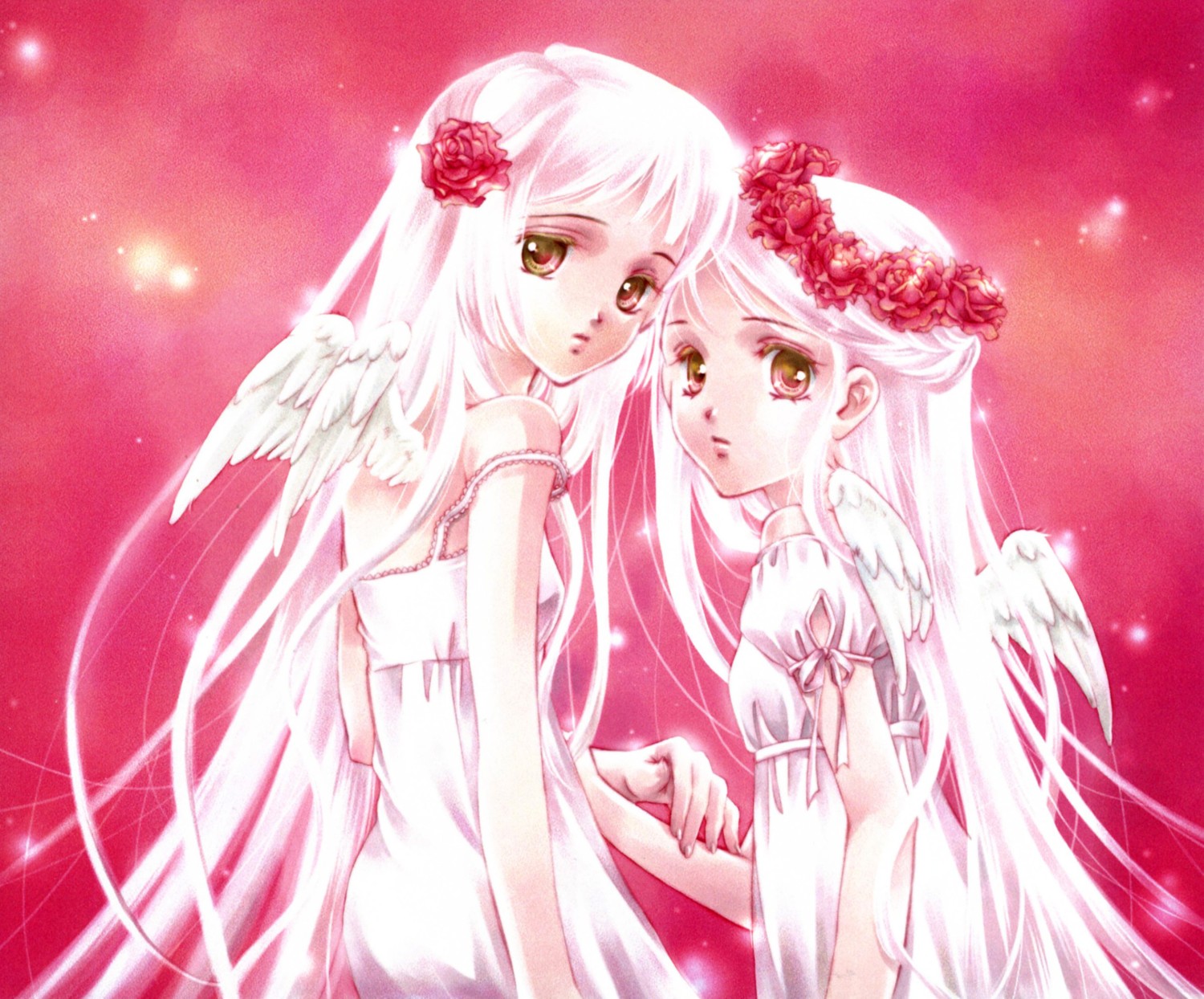 highres, 2girls, dress, flower, long hair, multiple girls, white hair, wings, yellow eyes