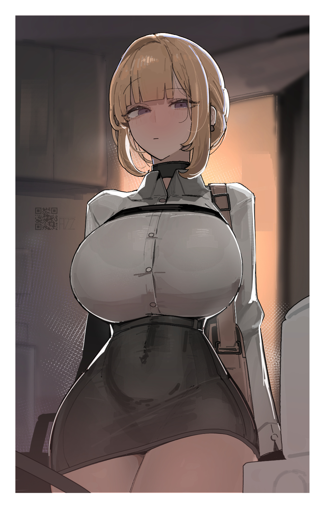 azz0422, evelyn chevalier, zenless zone zero, highres, 1girl, black choker, blonde hair, breasts, chest harness, choker, covered navel, hair up, harness, huge breasts, looking at viewer, pencil skirt, shirt, skirt, solo, standing, thighs, tight clothes, white shirt