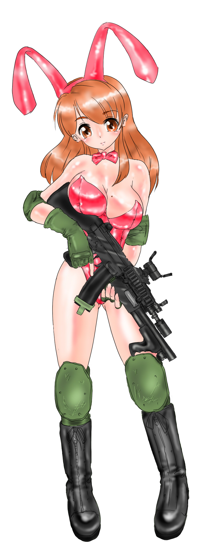 paranoid (artist), asahina mikuru, suzumiya haruhi no yuuutsu, bad id, bad pixiv id, highres, 00s, 1girl, animal ears, bare legs, boots, elbow pads, fake animal ears, female focus, fingerless gloves, gloves, gun, knee pads, playboy bunny, rabbit ears, rifle, solo, weapon