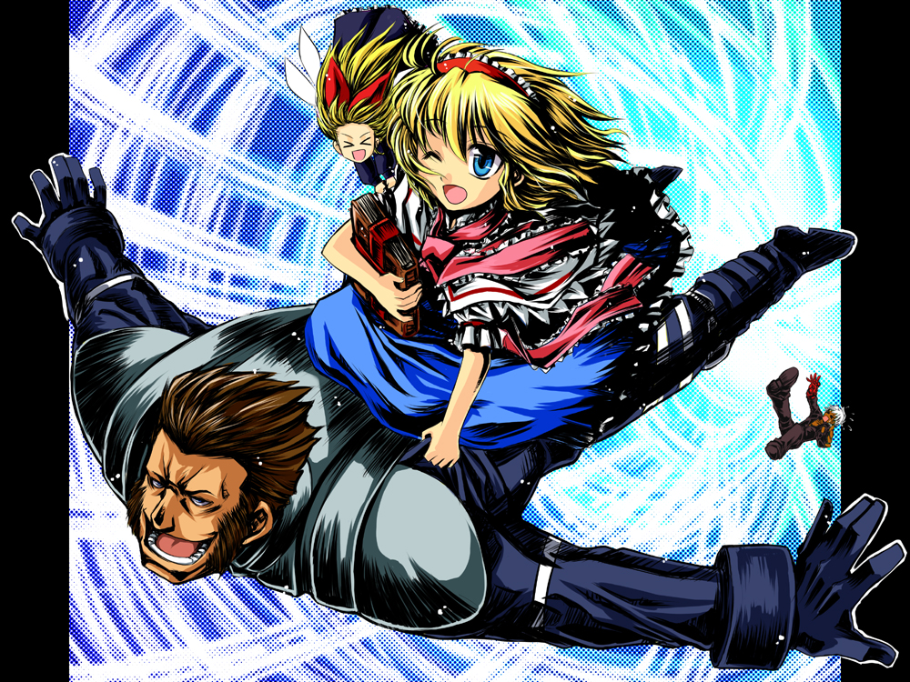imai nyuu, inusurvivor, alice margatroid, k' (kof), maxima, shanghai doll, m.u.g.e.n, snk, the king of fighters, touhou, > <, 2boys, 2girls, blonde hair, blue eyes, book, closed eyes, crossover, multiple boys, multiple girls, one eye closed, short hair, wink