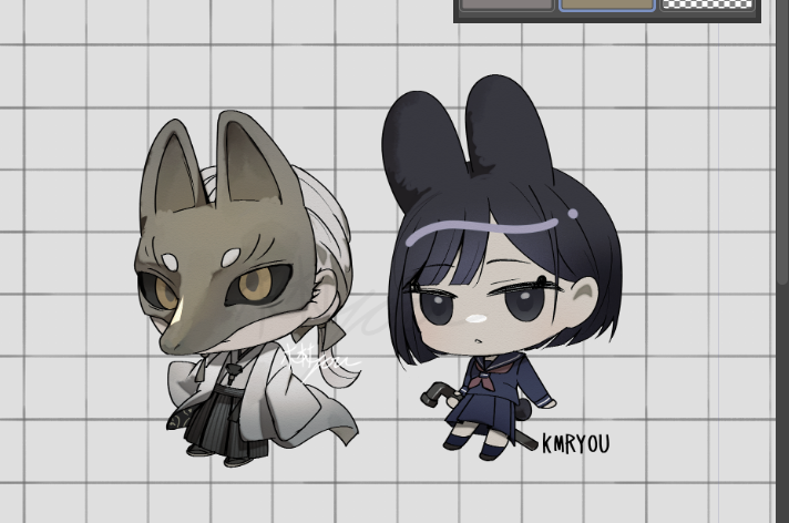 fox mask (silent hill), shimizu hinako, silent hill (series), silent hill f, 1boy, 1girl, animal ears, art program in frame, artist name, black hair, black sailor collar, black sclera, black serafuku, black shirt, black shoes, black skirt, black socks, blunt bangs, chibi, chibi only, colored sclera, earrings, fox mask, grey eyes, grey neckerchief, grid background, hair ribbon, holding, holding lead pipe, japanese clothes, jewelry, kemonomimi mode, kmr you, lead pipe, long hair, low ponytail, mask, neckerchief, pale skin, parted lips, pleated skirt, ponytail, rabbit ears, rabbit girl, rabbit tail, ribbon, robe, sailor collar, school uniform, serafuku, shirt, shoes, short hair, single earring, skirt, socks, tail, tassel, tassel earrings, white hair, white robe, yellow eyes