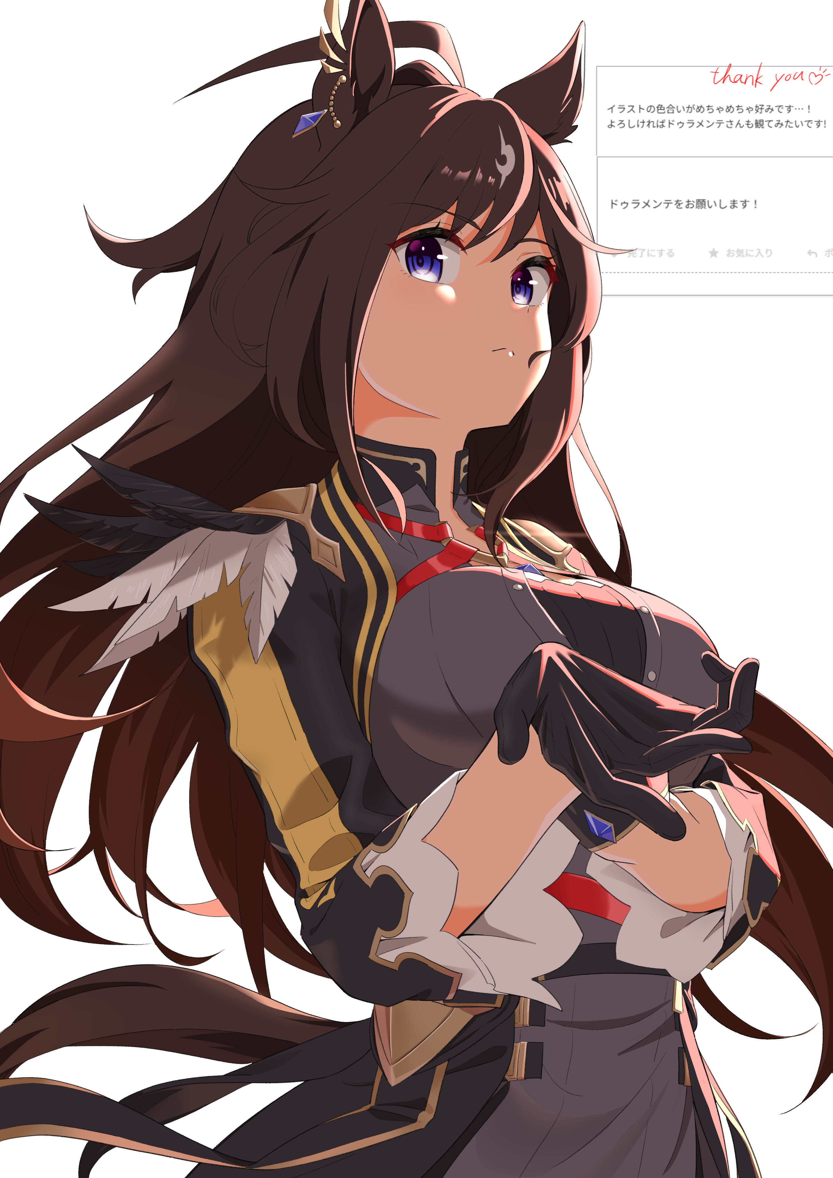 kazoku chicken, duramente (red in black) (umamusume), duramente (umamusume), umamusume, absurdres, highres, 1girl, ahoge, animal ears, black dress, black gloves, black jacket, blue eyes, breasts, brown hair, closed mouth, dress, ear chain, ear ornament, gloves, hair between eyes, horse ears, horse girl, horse tail, jacket, large breasts, linked piercing, long hair, long sleeves, looking at viewer, multicolored hair, open clothes, open jacket, piercing, simple background, solo, streaked hair, tail, upper body, white background, white hair