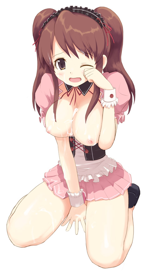 megane kyaputen, sakusaku, asahina mikuru, suzumiya haruhi no yuuutsu, 00s, 1girl, breasts, breasts out, cum, female focus, large breasts, mole, mole on breast, nipples, one eye closed, solo, wink