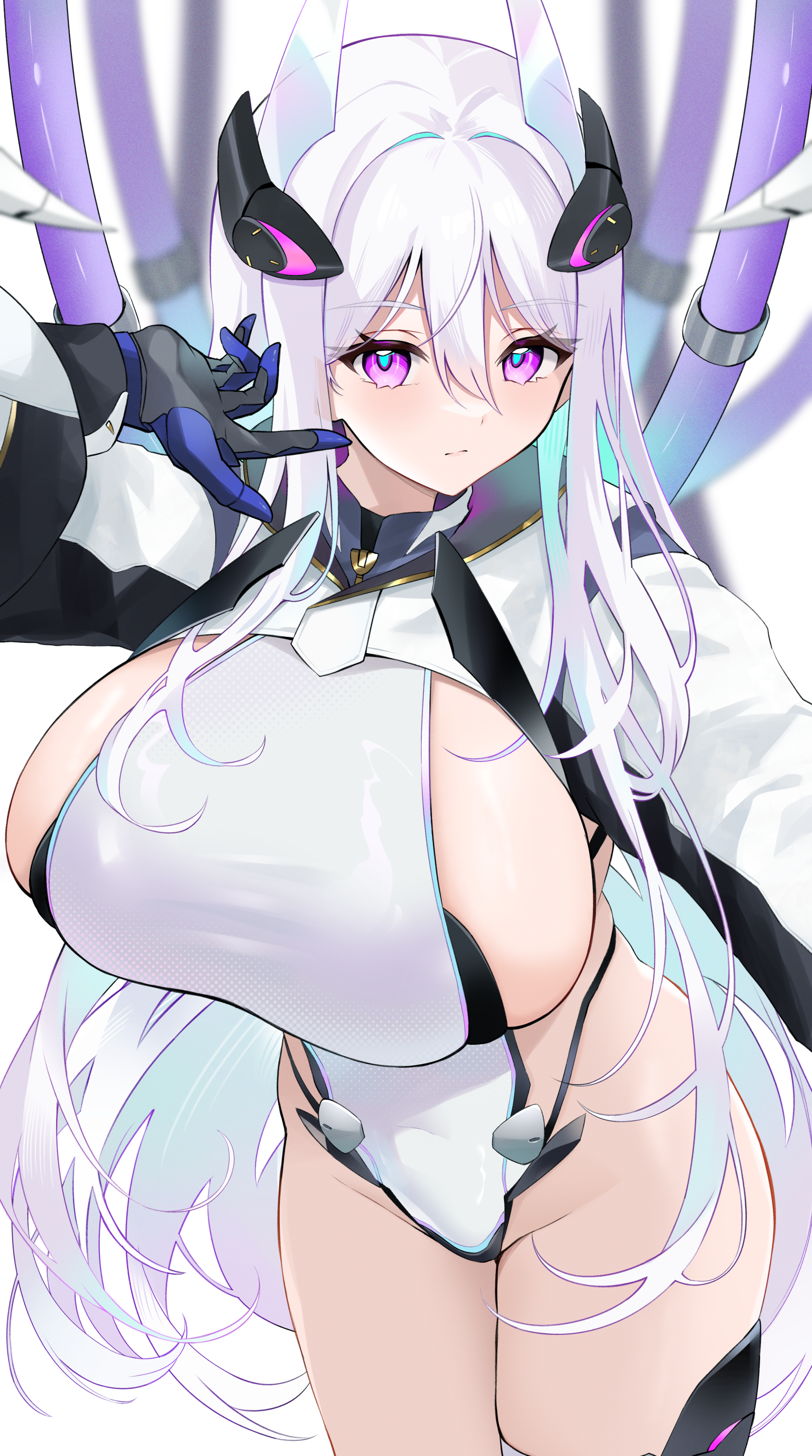 yamaha tsui, kearsarge (azur lane), azur lane, absurdres, commentary request, highres, 1girl, alternate breast size (larger), aqua pupils, asymmetrical legwear, breasts, cowboy shot, from above, gigantic breasts, headgear, highleg, highleg leotard, impossible clothes, impossible leotard, leotard, long hair, long sleeves, looking at viewer, pink eyes, shrug (clothing), solo, taut leotard, very long hair, white hair, white leotard, white shrug