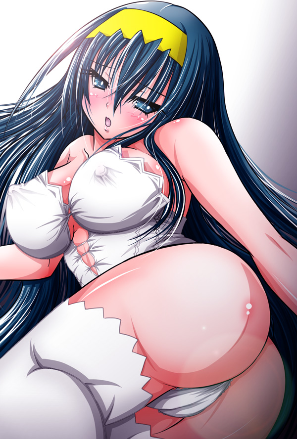 bowz, himemiya chikane, kannazuki no miko, bad id, bad pixiv id, 00s, ass, blue eyes, blue hair, blush, breasts, cameltoe, covered erect nipples, headband, large breasts, lingerie, long hair, nipples, open mouth, panties, socks, solo, thighhighs, underwear, white panties