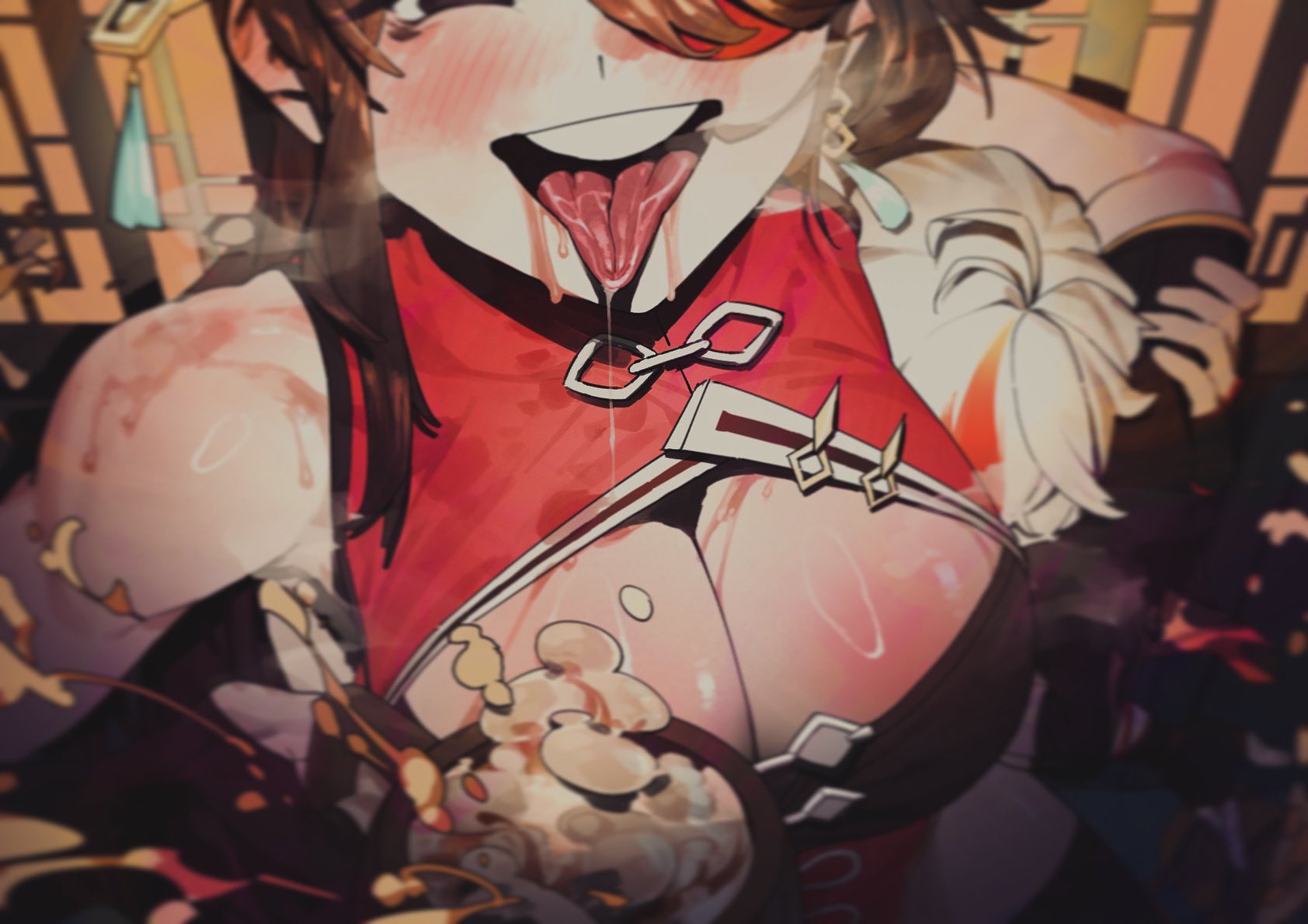 kuriki art, beidou (genshin impact), kaedehara kazuha, genshin impact, highres, 1boy, 1girl, ahoge, alcohol, arm around neck, beer, beer mug, blush, breast focus, breasts, brown eyes, brown hair, cleavage, cleavage cutout, close-up, clothing cutout, cup, dress, drooling, eyepatch, hair ornament, holding, holding cup, indoors, large breasts, long hair, looking at viewer, mug, muscular, muscular female, open mouth, red dress, saliva, tassel, tassel hair ornament, teeth, tongue, tongue out, white hair