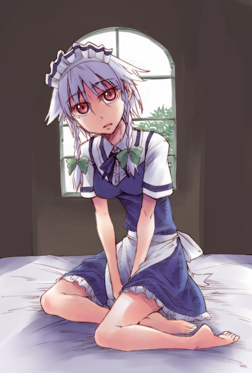 hikawa shou, izayoi sakuya, touhou, 1girl, barefoot, bed, bow, braid, feet, female focus, hair bow, indoors, kneeling, maid, maid headdress, red eyes, sitting, solo, twin braids, v arms, window, yokozuwari