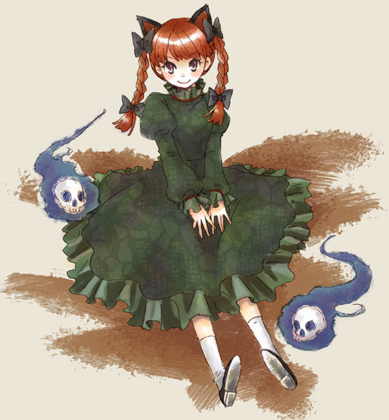 nikoro, kaenbyou rin, touhou, 1girl, animal ears, bow, braid, cat ears, cat girl, dress, female focus, full body, hair ribbon, red hair, ribbon, skull, socks, solo, twin braids, twintails