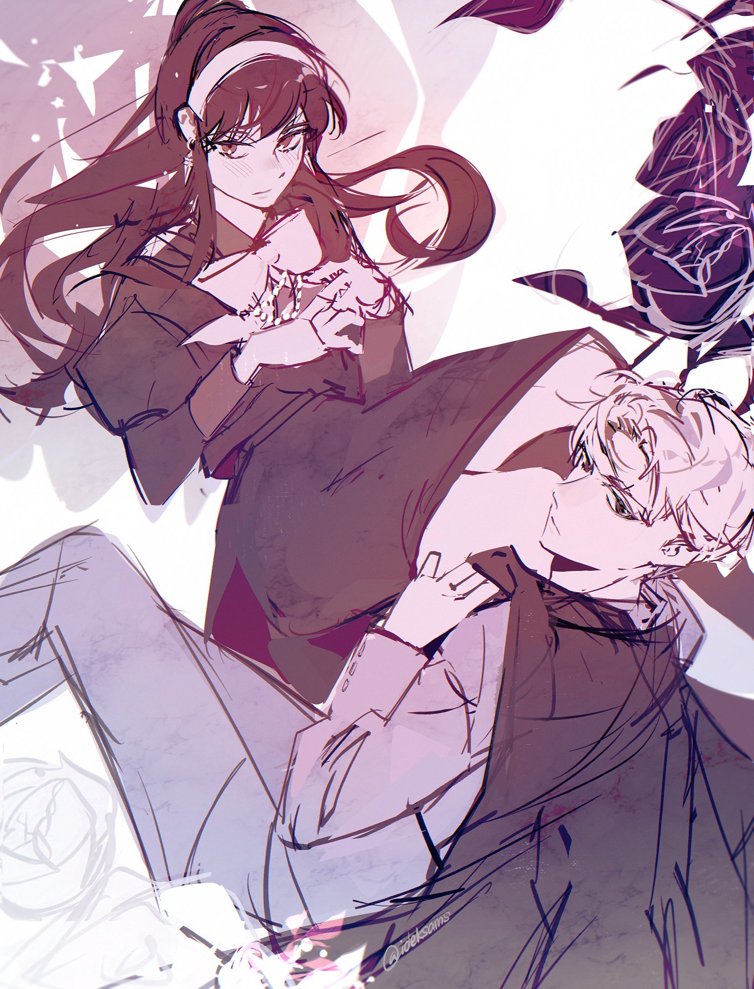 ideksams, twilight (spy x family), yor briar, spy x family, highres, 1boy, 1girl, black dress, bow, dress, feet out of frame, formal clothes, grey pants, grey suit, hairband, jacket, jacket on shoulders, juliet sleeves, light blush, long hair, long sleeves, looking at viewer, own hands together, pants, parted bangs, ponytail, puffy sleeves, red eyes, short hair, sidelocks, sketch, suit, suit jacket, white bow, white hairband
