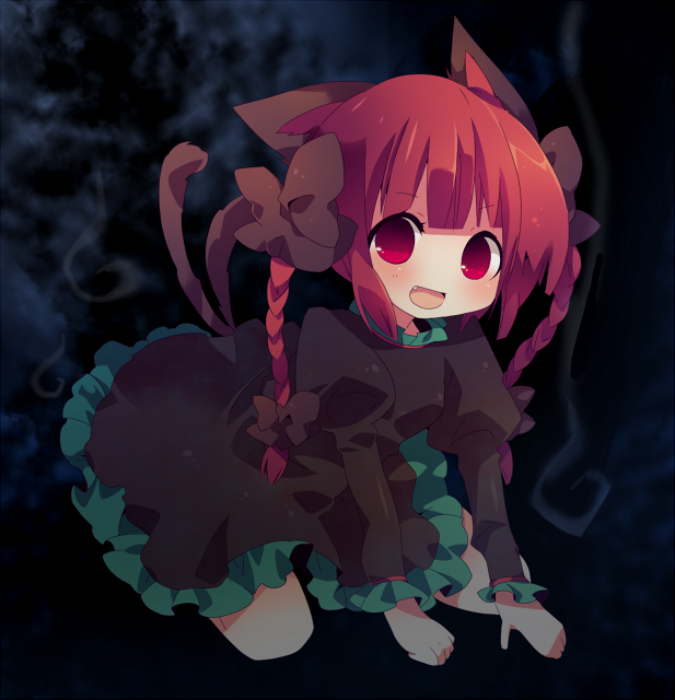 ana (rznuscrf), kaenbyou rin, touhou, 1girl, :d, all fours, animal ears, bow, braid, cat ears, cat girl, cat tail, dark, dress, fang, female focus, hair bow, hair ribbon, hitodama, multiple hair bows, multiple tails, open mouth, red eyes, red hair, ribbon, sidelocks, smile, solo, tail, twin braids, twintails