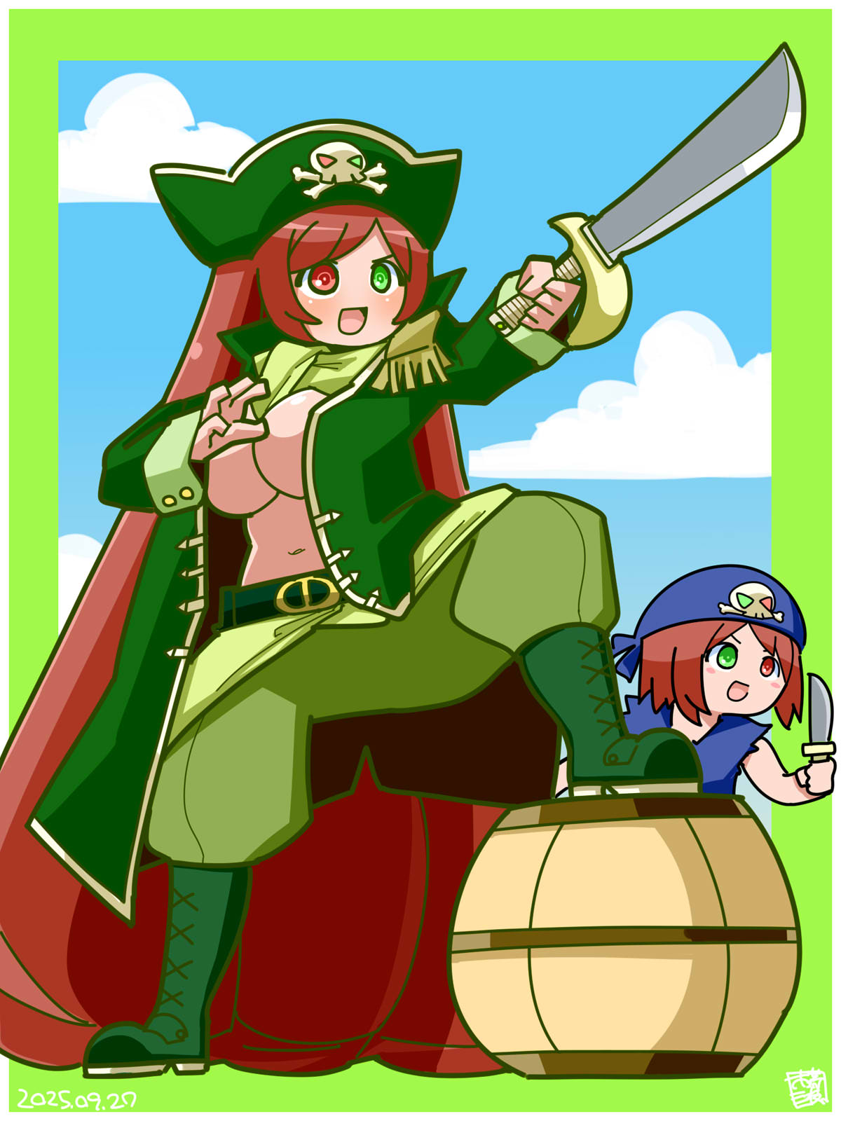itini-sanshi, souseiseki, suiseiseki, rozen maiden, commentary request, highres, 2girls, :d, alternate breast size (larger), alternate costume, bandana, barrel, belt, bicorne, blue bandana, blue sky, boots, border, breasts, brown hair, cloud, coat, cutlass, dagger, dated, epaulettes, full body, green belt, green boots, green border, green coat, green eyes, green hat, green pants, hat, heterochromia, holding, holding dagger, holding knife, holding sword, holding weapon, knife, large breasts, long sleeves, multiple girls, navel, open clothes, open coat, open mouth, pants, pirate, red eyes, short hair, siblings, sisters, sky, smile, solo focus, sword, twins, weapon