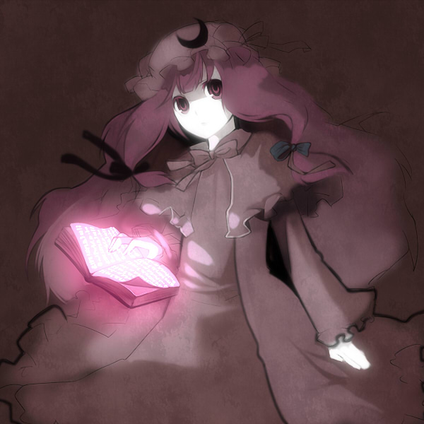 hase neet, patchouli knowledge, touhou, 1girl, book, bow, crescent hat ornament, female focus, glowing, hair ribbon, hat, hat ornament, long hair, purple eyes, purple hair, ribbon, solo, standing