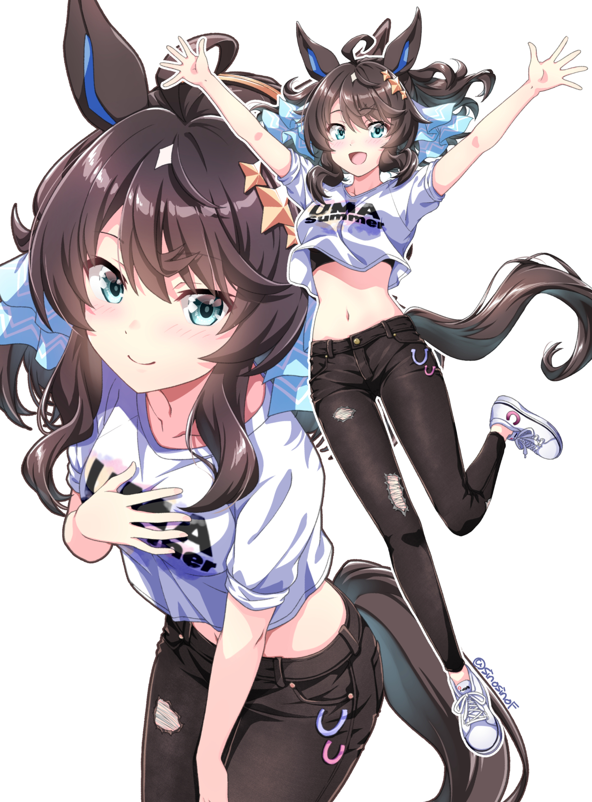shinohara shinome, daring tact (umamusume), umamusume, highres, 1girl, ahoge, animal ears, arms up, black hair, blue eyes, blush, breasts, closed mouth, crop top, cropped shirt, cup, hair ornament, horse ears, horse girl, horse tail, long hair, medium breasts, medium hair, multiple views, navel, official alternate costume, open mouth, pants, shirt overhang, shoes, short sleeves, simple background, sleeves rolled up, smile, sneakers, swimsuit, tail, torn clothes, torn pants, twitter username, uma summer (umamusume), white background, white shoes