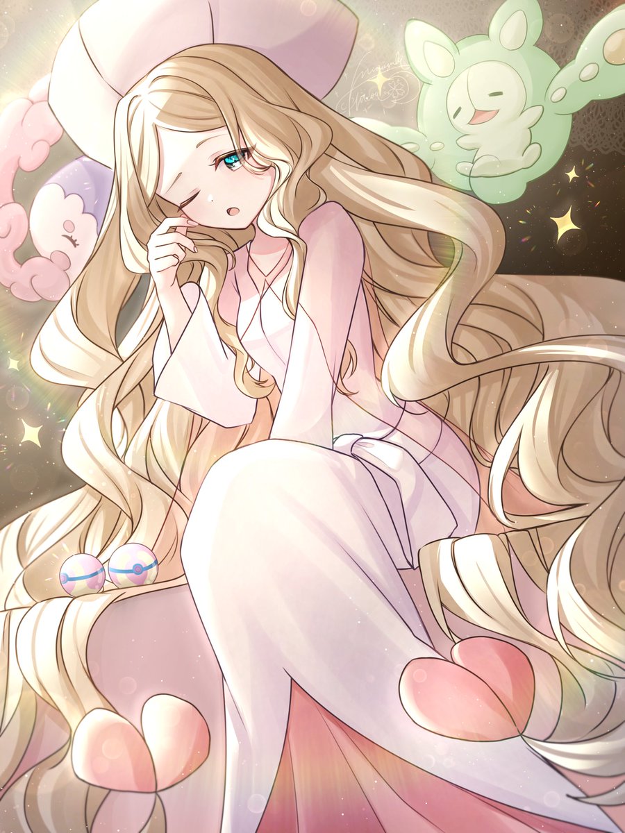 minazuki miou, caitlin (pokemon), musharna, reuniclus, nintendo, pokemon, pokemon bw, pokemon bw2, highres, 1girl, :o, bed sheet, behind another, blonde hair, brown background, dappled sunlight, dress, facing to the side, finger to cheek, finger to face, floating, gen 5 pokemon, green eyes, half-closed eye, hand on own face, hand on own leg, hat, heal ball, indoors, light blush, light particles, long hair, looking ahead, nightgown, on bed, open mouth, parted bangs, pink dress, pink hat, pink nightgown, poke ball, pokemon (creature), sitting, sleepy, sparkle, sunlight, very long hair, waking up, wavy hair, white dress, white nightgown