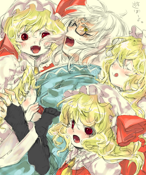 ono mochiko, flandre scarlet, morichika rinnosuke, touhou, 1boy, 4girls, blonde hair, bow, clone, fang, glasses, hat, mob cap, multiple girls, red eyes, short hair, white hair, yellow eyes