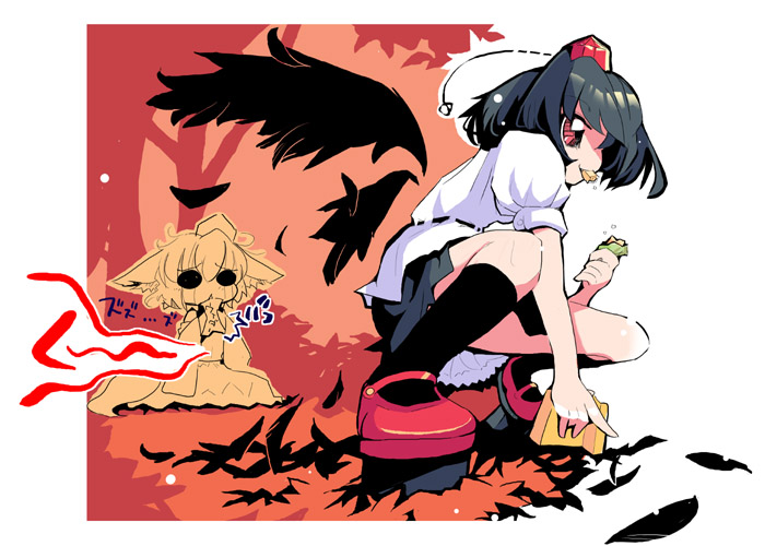 usoneko, inubashiri momiji, shameimaru aya, touhou, 2girls, animal ears, black hair, black wings, dog ears, eating, feathers, female focus, food, geta, hat, hungry, multiple girls, red eyes, skirt, tears, tengu-geta, wings, wolf ears