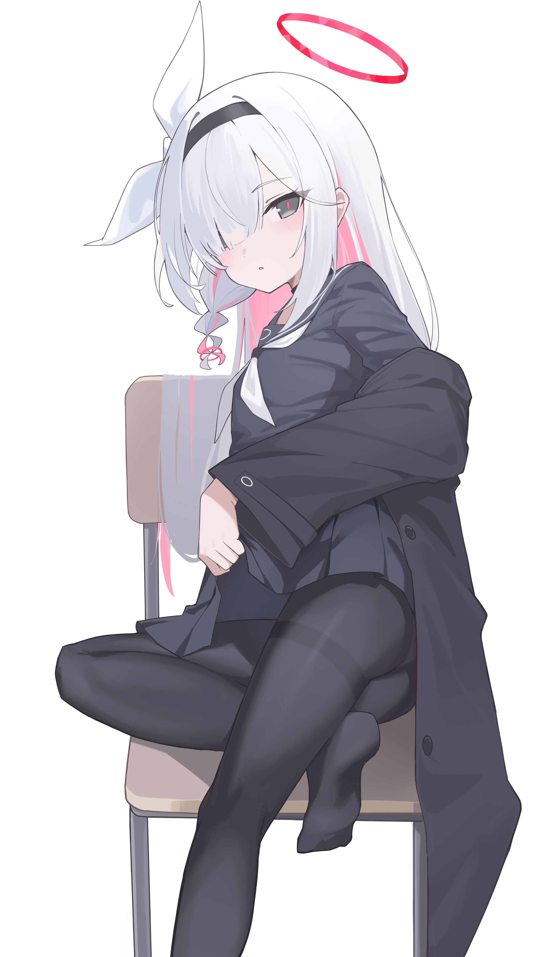 kaminari (edeath), plana (blue archive), blue archive, absurdres, commentary, highres, 1girl, :o, ass, black choker, black coat, black eyes, black hairband, black pantyhose, black sailor collar, black serafuku, black shirt, black skirt, blunt bangs, bow, braid, chair, choker, clothes grab, coat, colored inner hair, dot nose, foot out of frame, full body, hair bow, hair over one eye, hairband, halo, jacket, jacket partially removed, light blush, long hair, long sleeves, looking at viewer, multicolored hair, neckerchief, no shoes, one eye covered, pantyhose, parted bangs, parted lips, pink hair, pleated skirt, red halo, red pupils, sailor collar, school chair, school uniform, serafuku, shirt, sidelocks, simple background, single braid, sitting, skirt, solo, straight hair, two-tone hair, white background, white bow, white hair, white neckerchief