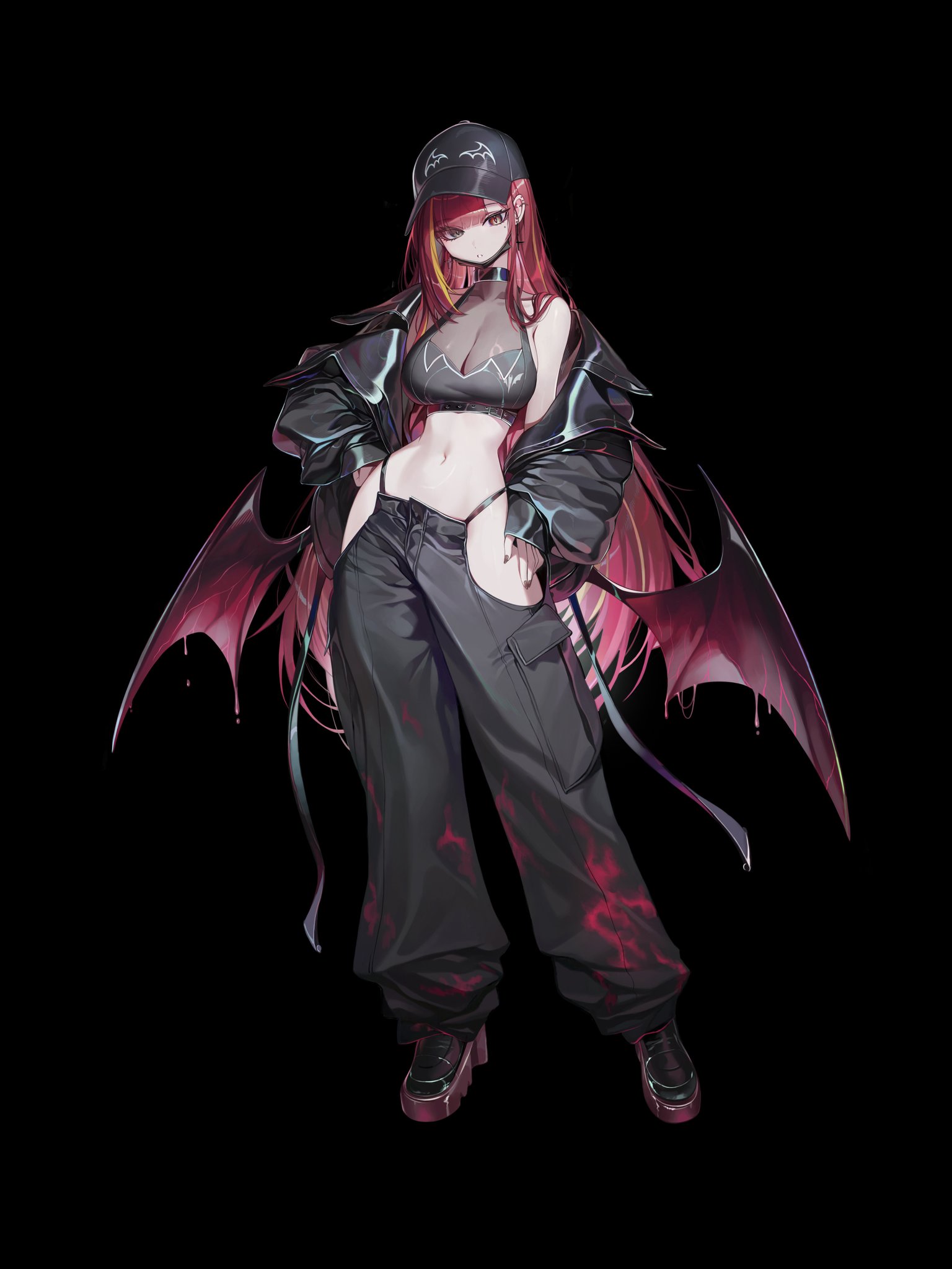 ness (pjw0168), akane lize, stellive, highres, 1girl, bare shoulders, black jacket, black pants, blonde hair, breasts, grey eyes, heterochromia, jacket, large breasts, looking at viewer, multicolored hair, navel, orange eyes, pants, red hair, solo, two-tone hair