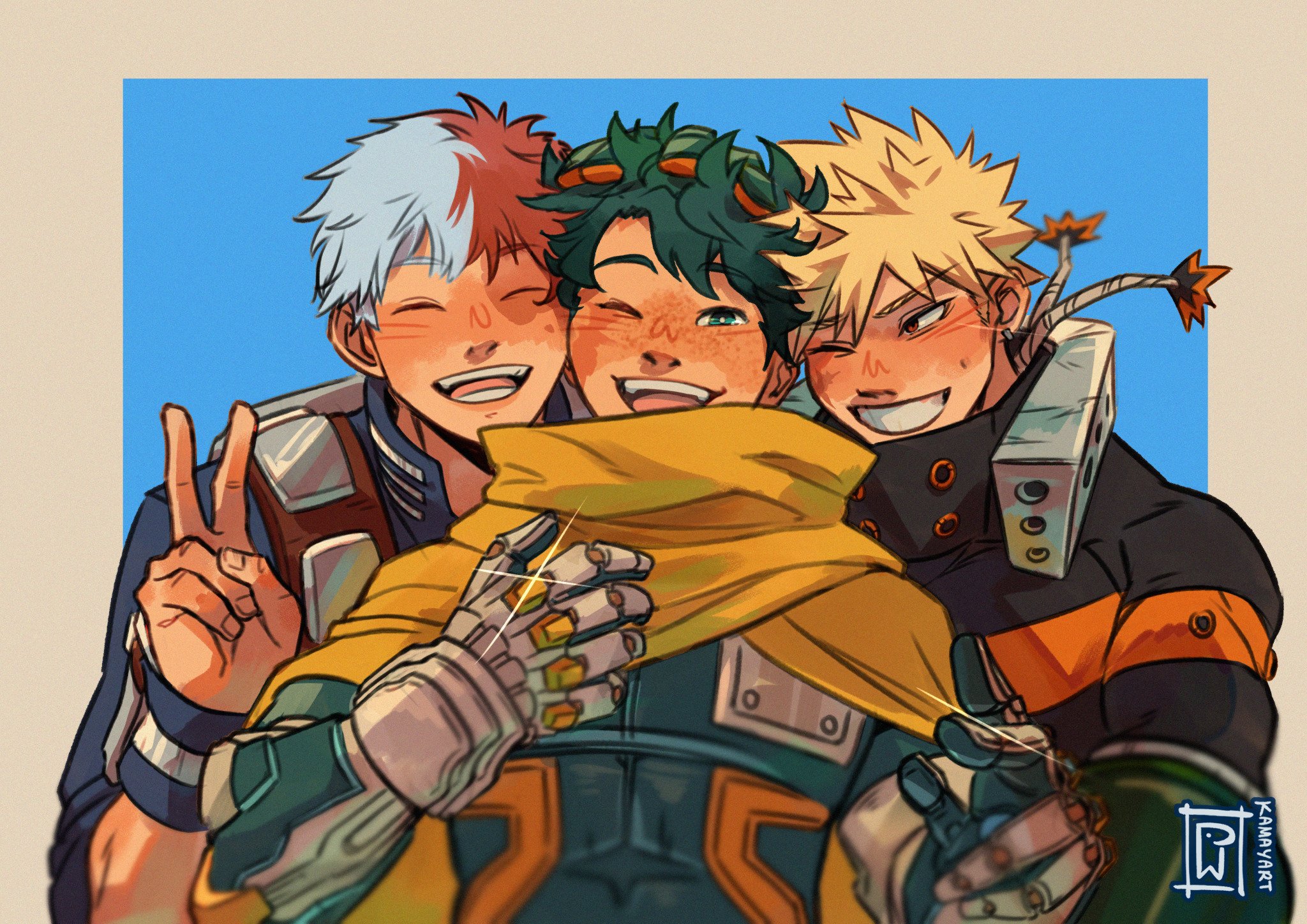 jacket mine, bakugou katsuki, midoriya izuku, todoroki shoto, boku no hero academia, highres, 3boys, armored gloves, artist name, blonde hair, blue background, border, closed eyes, freckles, green eyes, green hair, grey border, grin, hand in another's hair, male focus, multicolored hair, multiple boys, one eye closed, open mouth, red eyes, red hair, scar, scar across eye, scar on face, scarf, short hair, smile, sparkle, spiked hair, superhero costume, teeth, two-tone hair, upper body, v, white hair, wristband, yellow scarf