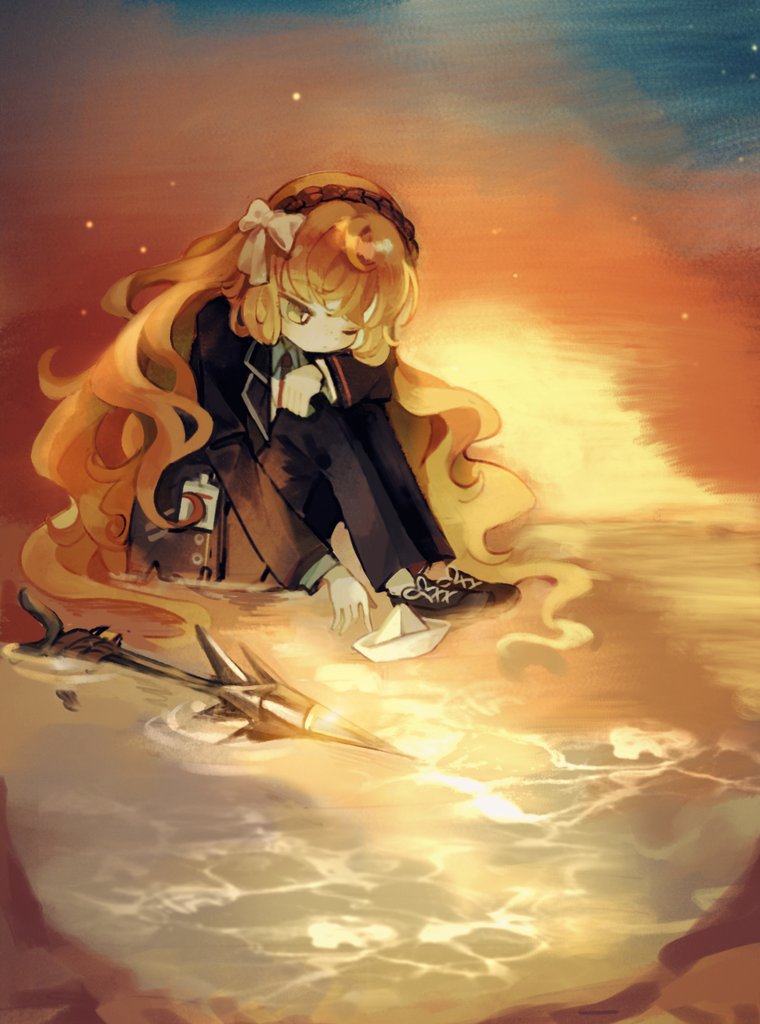 ishmael (project moon), limbus company, project moon, 1girl, black coat, black pants, black shoes, black vest, bow, brown hairband, coat, collared shirt, freckles, full body, green eyes, hair bow, hairband, harpoon, i am a chair72, long hair, long sleeves, looking at object, necktie, one eye closed, orange background, orange hair, pants, paper boat, red necktie, shirt, shoes, simple background, sitting, solo, vest, water, white bow, white shirt