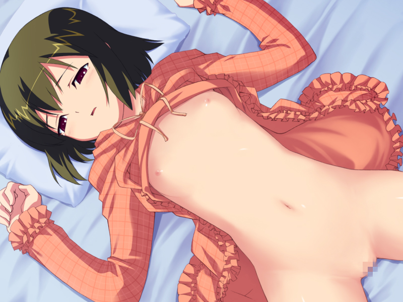 artist request, tagme, bed, censored, flat chest, loli, lying, pussy