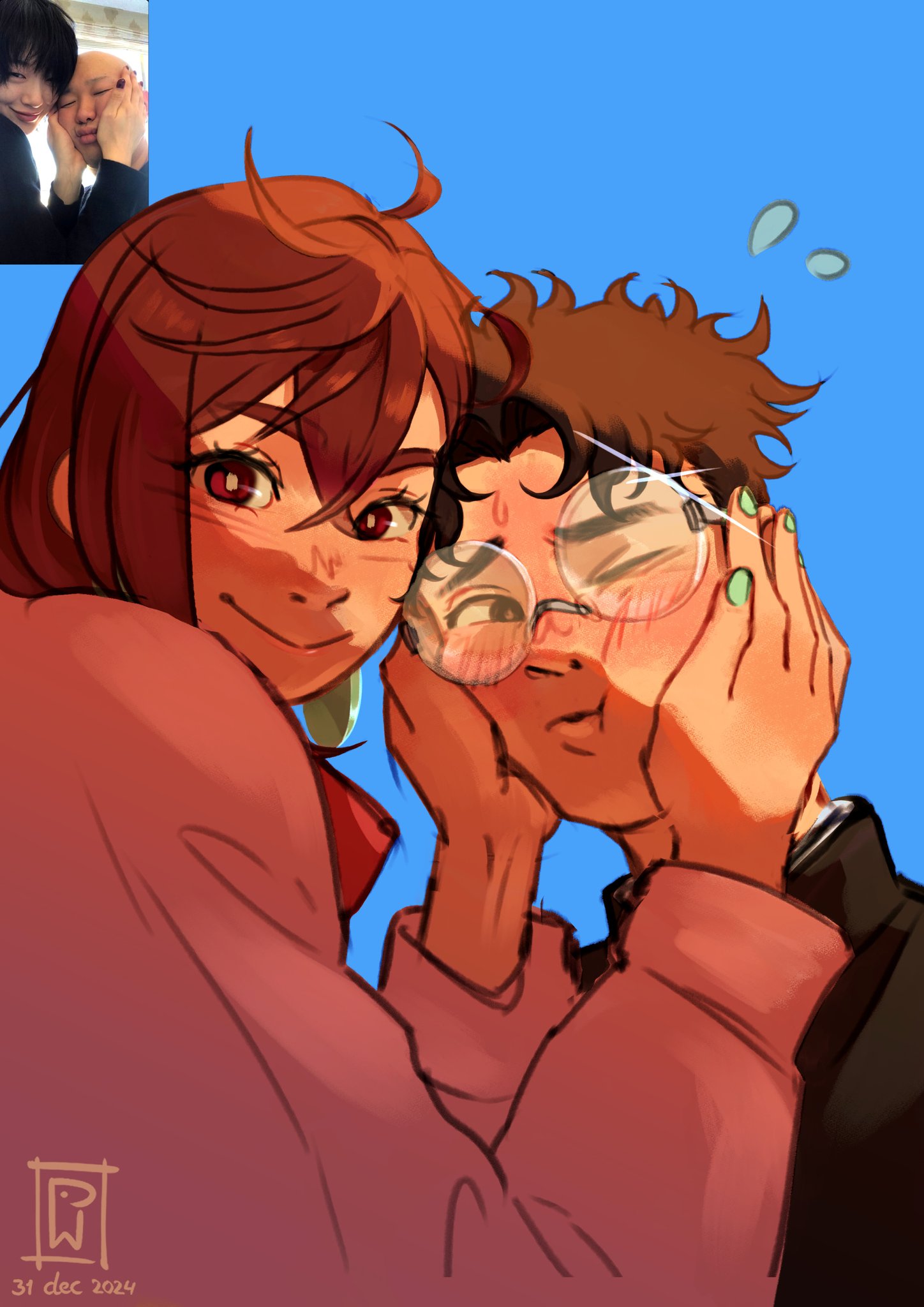 jacket mine, ayase momo, takakura ken (dandadan), dandadan, highres, 1boy, 1girl, black hair, black jacket, blue background, blush, bow, bowtie, brown eyes, brown hair, couple, crossed bangs, dated, earrings, gakuran, glasses, green nails, hair between eyes, hands on another's cheeks, hands on another's face, hetero, jacket, jewelry, looking at viewer, medium hair, nail polish, one eye closed, parted bangs, photo inset, pink sweater, red bow, red bowtie, reference inset, round eyewear, school uniform, short hair, signature, smile, sweatdrop, sweater