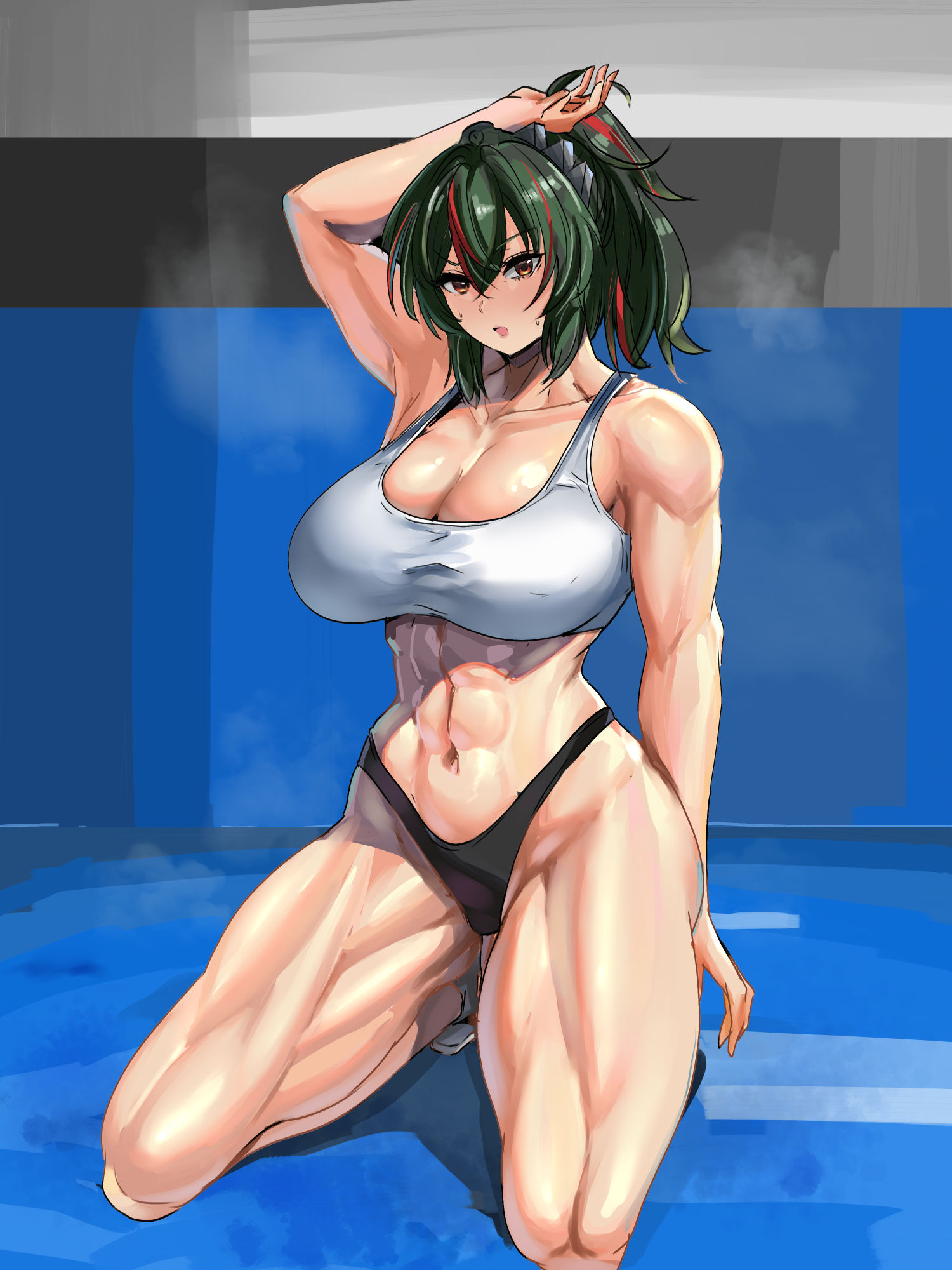 koucha indian, zhu yuan, zenless zone zero, commentary request, highres, 1girl, :o, abs, arm up, bare arms, bare legs, bare shoulders, black hair, black panties, breasts, cleavage, collarbone, double-parted bangs, hair between eyes, highleg, highleg panties, kneeling, large breasts, long hair, looking at viewer, multicolored hair, muscular, muscular female, navel, panties, ponytail, red eyes, red hair, red streaks, solo, sports bra, steaming body, stomach, streaked hair, sweat, thick thighs, thighs, underwear, white sports bra