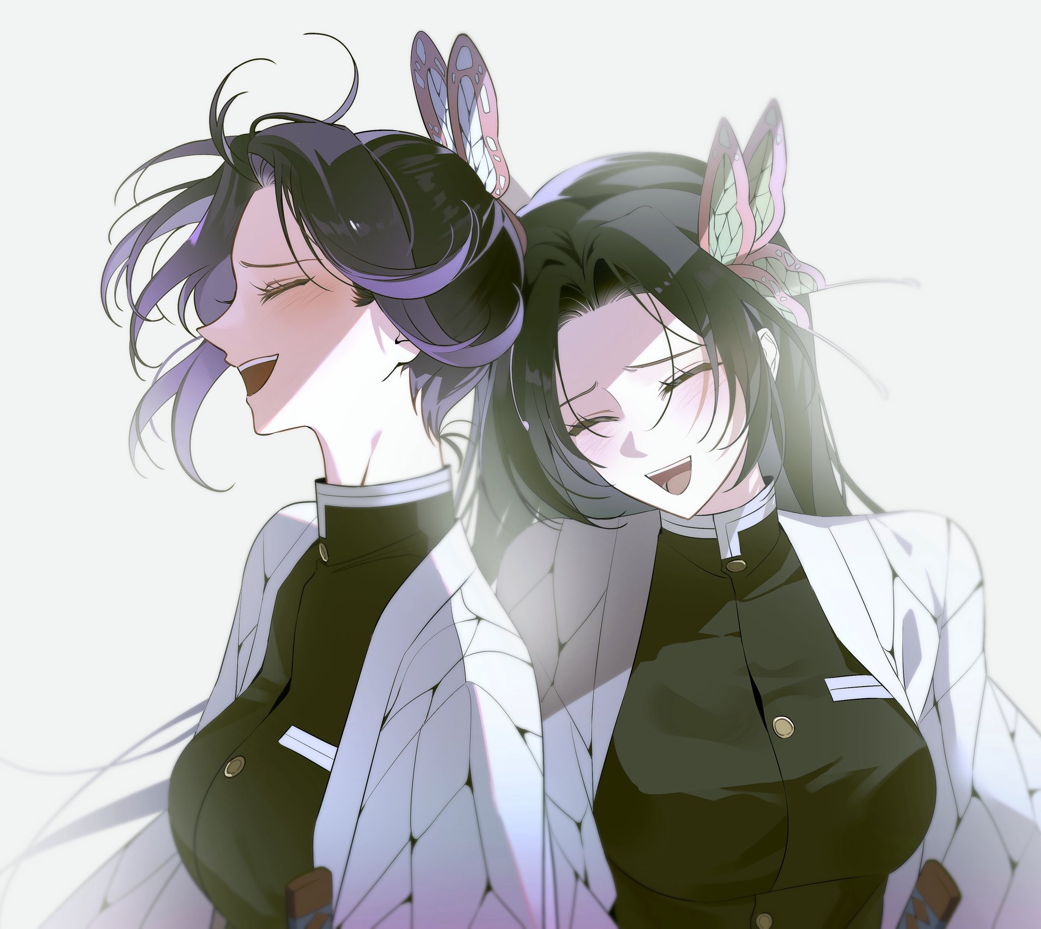 kochou kanae, kochou shinobu, kimetsu no yaiba, highres, 2girls, butterfly hair ornament, checkered haori, checkered sash, demon slayer uniform, hair ornament, haori, japanese clothes, multiple girls, print haori, siblings, sisters, sono krg, tri braids