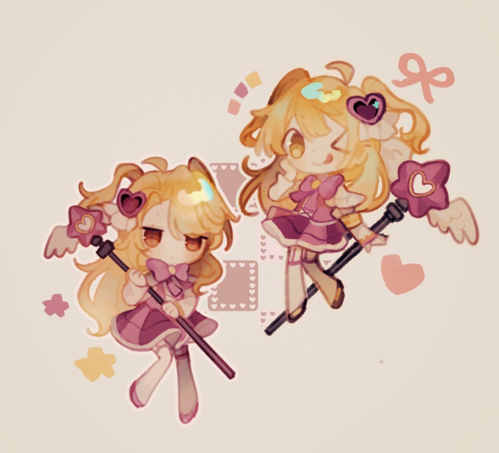 don quixote (project moon), sancho (project moon), limbus company, project moon, > o, 2girls, :p, armband, blonde hair, bow, bowtie, brown shoes, chibi, e.g.o (project moon), full body, hair ornament, heart, heart hair ornament, holding, holding staff, i am a chair72, in the name of love and hate (e.g.o), lobotomy corporation (identity) (project moon), long hair, long sleeves, looking at viewer, multiple girls, one eye closed, orange armband, parted bangs, pink bow, pink bowtie, pink garter straps, pink shoes, pink skirt, pink vest, red eyes, shoes, simple background, skirt, staff, standing, thighhighs, tongue, tongue out, two side up, vest, white background, white thighhighs, winged wand, yellow eyes