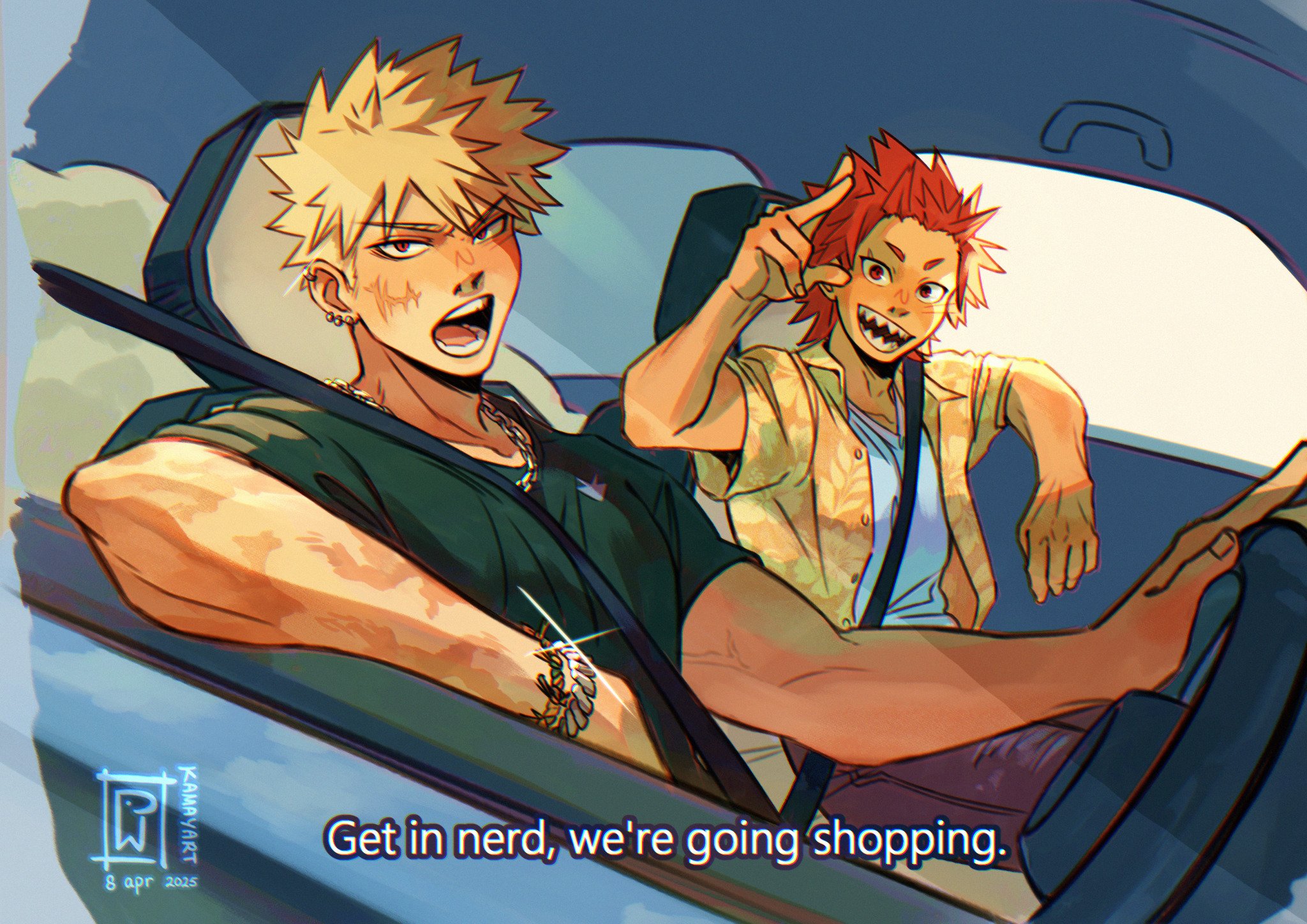 jacket mine, bakugou katsuki, kirishima eijiro, boku no hero academia, mean girls, derivative work, highres, 2boys, black shirt, blonde hair, bracelet, car, collared shirt, dated, driving, earrings, english text, facial scar, furrowed brow, hawaiian shirt, jewelry, looking at viewer, male focus, medium hair, motor vehicle, multiple boys, multiple earrings, open mouth, panties, print shirt, purple panties, red eyes, red hair, scar, scar on arm, scar on cheek, scar on face, sharp teeth, shirt, short hair, signature, smile, sparkle, spiked hair, steering wheel, subtitled, teeth, underwear, white shirt, yellow shirt