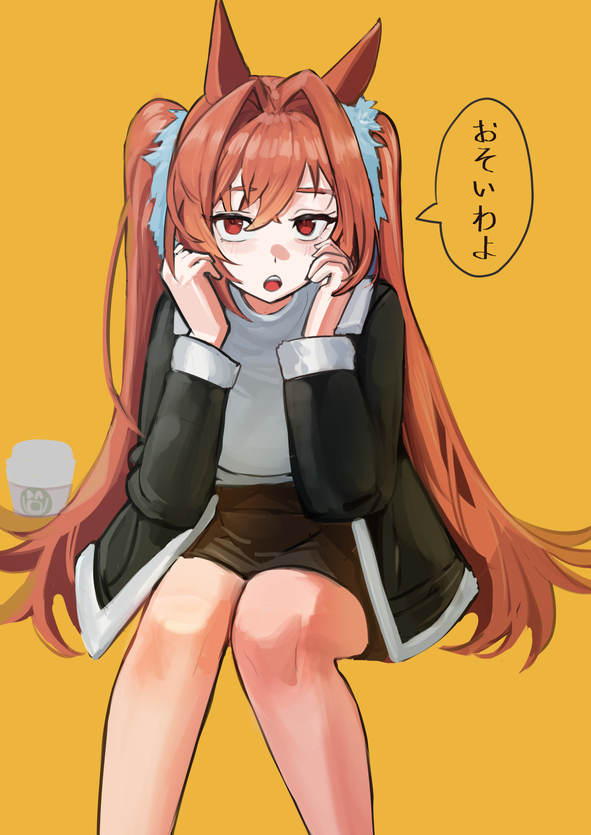 solokitsune, daiwa scarlet (umamusume), umamusume, commentary, highres, translation request, 1girl, animal ears, black jacket, blush, cup, disposable cup, hair between eyes, hair intakes, hair ornament, hair scrunchie, hands up, horse ears, horse girl, jacket, knees together feet apart, long hair, long sleeves, looking at viewer, open mouth, red eyes, red shorts, scrunchie, shirt tucked in, shorts, simple background, sitting, solo, speech bubble, sweater, turtleneck, turtleneck sweater, twintails, very long hair, white sweater, yellow background