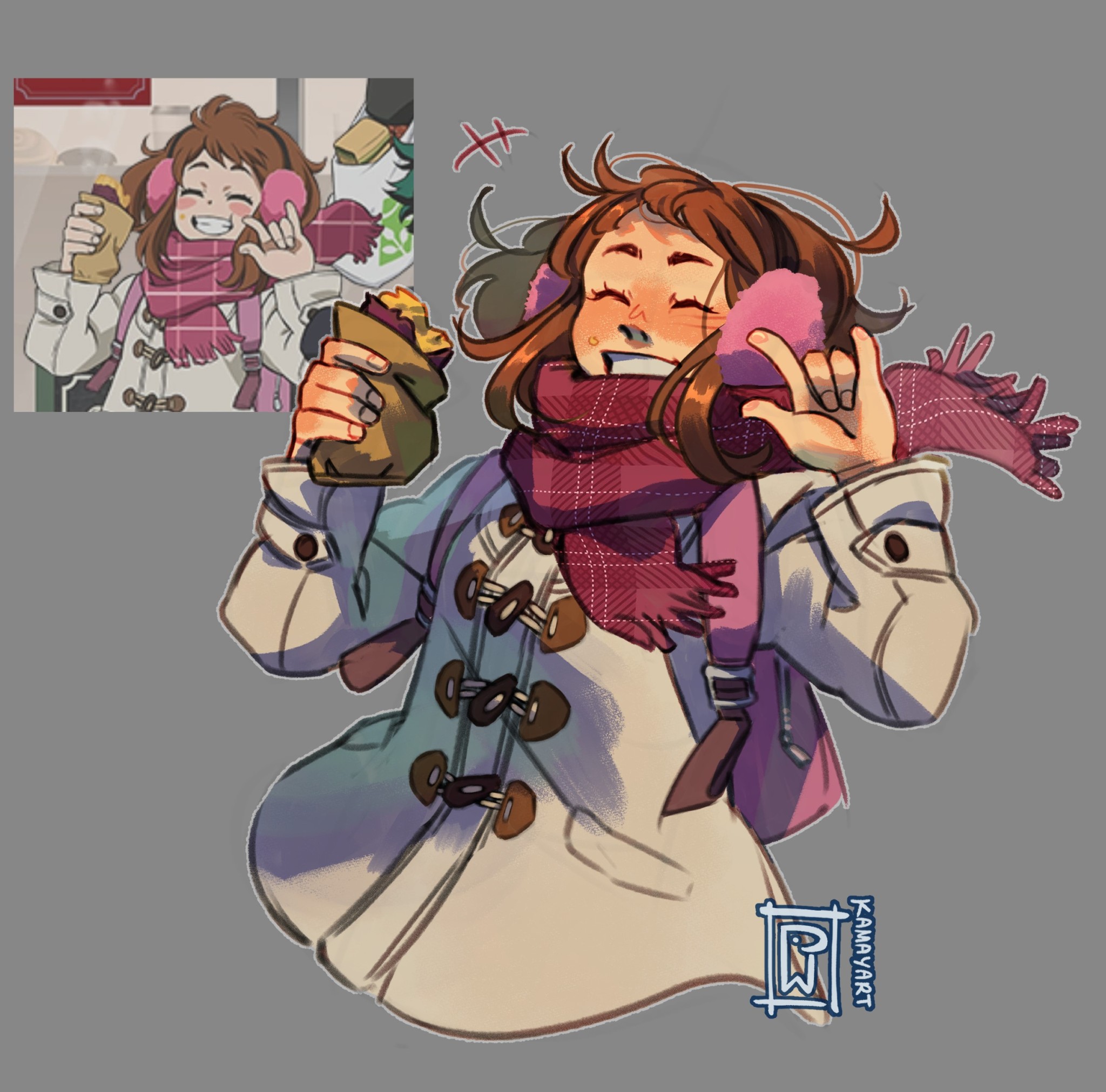 jacket mine, uraraka ochako, boku no hero academia, highres, redrawn, 1girl, artist name, backpack, bag, blush, brown hair, closed eyes, coat, cropped torso, earmuffs, food, food on face, grey background, grin, holding, holding food, medium hair, parted lips, pink bag, plaid clothes, plaid scarf, red scarf, reference inset, scarf, smile, solo, teeth, white coat, winter clothes, winter coat