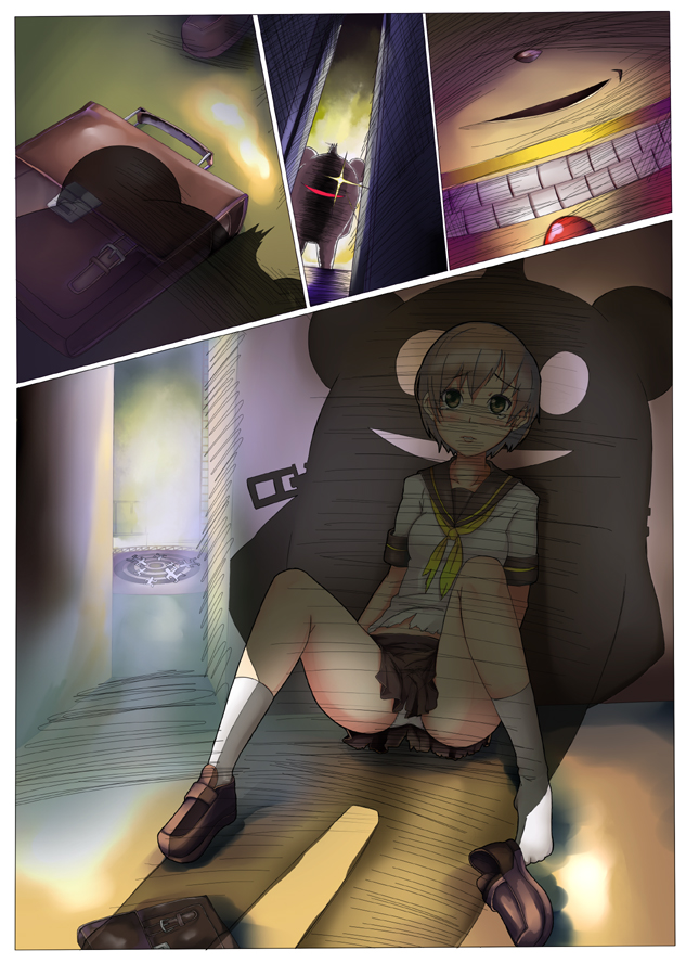 pro, kuma (persona 4), satonaka chie, atlus, persona, persona 4, bad id, bad pixiv id, 1girl, creepy, horror (theme), panties, pantyshot, school uniform, serafuku, skirt, socks, underwear, you gonna get raped