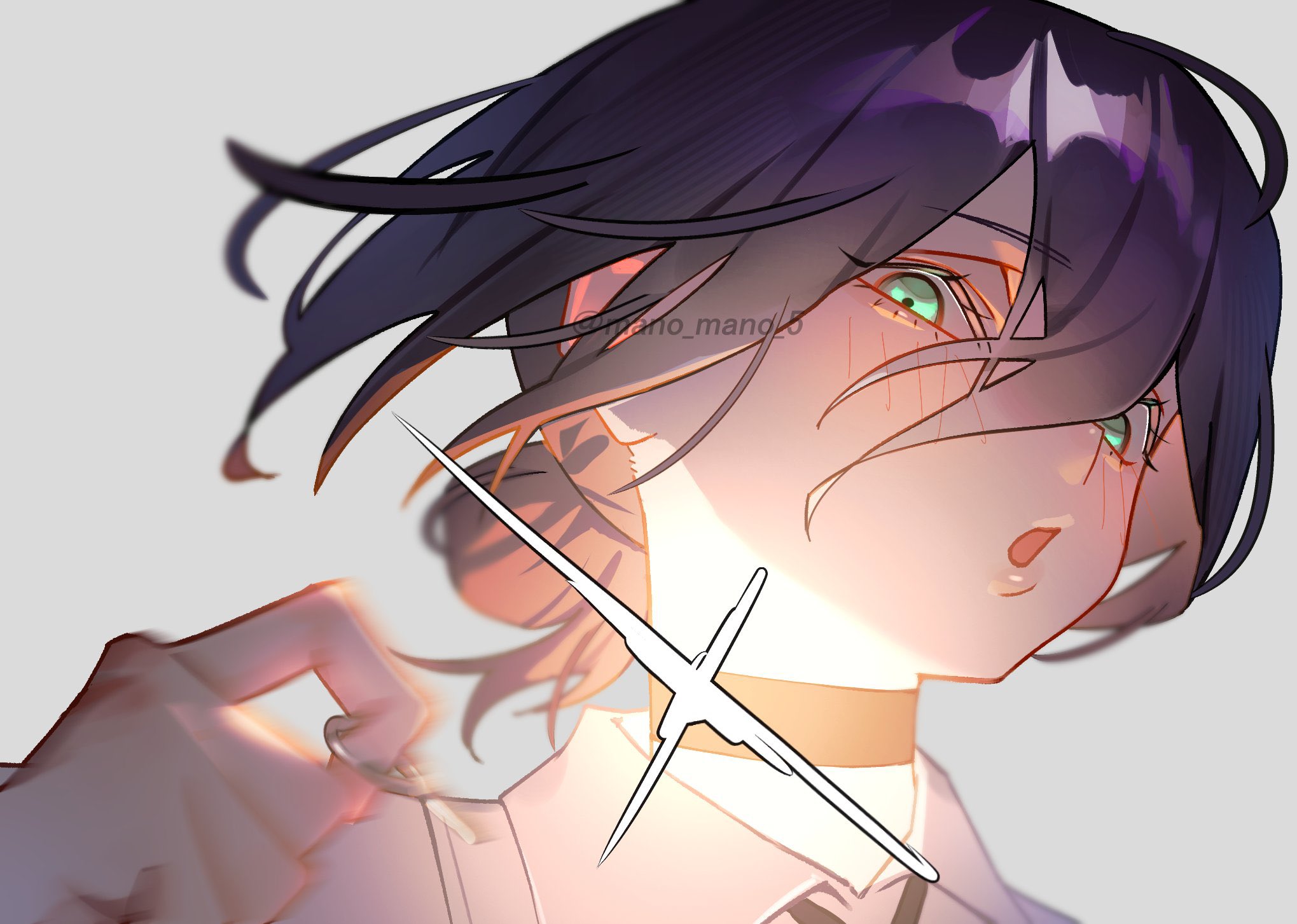 mano (mano mano 5), reze (chainsaw man), chainsaw man, highres, 1girl, black choker, black ribbon, choker, green eyes, grenade pin, hair between eyes, hair bun, imminent explosion, neck ribbon, pull cord, ribbon, shirt, shirt tucked in, single hair bun, sleeveless, sleeveless shirt, solo, upper body