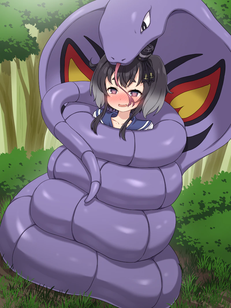 broiler, arbok, tokitsukaze (kancolle), kantai collection, nintendo, pokemon, commentary request, commission, skeb commission, 1girl, anchor symbol, black eyes, black hair, blue sailor collar, blush, crossover, day, forest, forked tongue, gen 1 pokemon, gradient hair, grass, grey hair, heart, heart-shaped pupils, multicolored hair, nature, nose blush, open mouth, outdoors, pokemon (creature), sailor collar, short hair with long locks, symbol-shaped pupils, tongue, tree