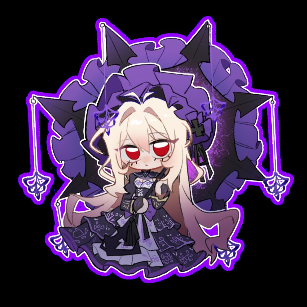 lihua miliki, dulcinea (project moon), limbus company, project moon, 1girl, antenna hair, black background, black corset, black dress, blonde hair, bonnet, bow, breasts, chibi, cleavage, corset, dress, frilled bonnet, frilled umbrella, frills, full body, holding, holding umbrella, long hair, looking at viewer, parasol, purple bonnet, purple bow, purple umbrella, red eyes, simple background, solo, standing, umbrella