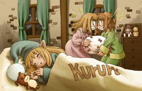 ryoji (nomura ryouji), cornet espoir, etoile rosenqueen, kururu (marl kingdom), l-kun, marl kingdom, nippon ichi, puppet princess (marl kingdom), lowres, 3girls, :3, angry, doll, hat, multiple girls, night, pillow, pointy ears, ribbon, sleeping, star (symbol)