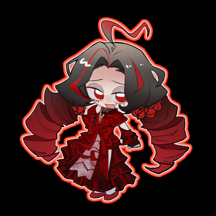 lihua miliki, nicolina (project moon), limbus company, project moon, 1girl, ahoge, black background, black hair, bow, chibi, dress, drill hair, eyeshadow, full body, grey eyeshadow, long hair, looking at viewer, makeup, multicolored hair, open mouth, red bow, red dress, red eyes, red hair, red shoes, red streaks, shoes, simple background, solo, standing, streaked hair, twin drills, twintails