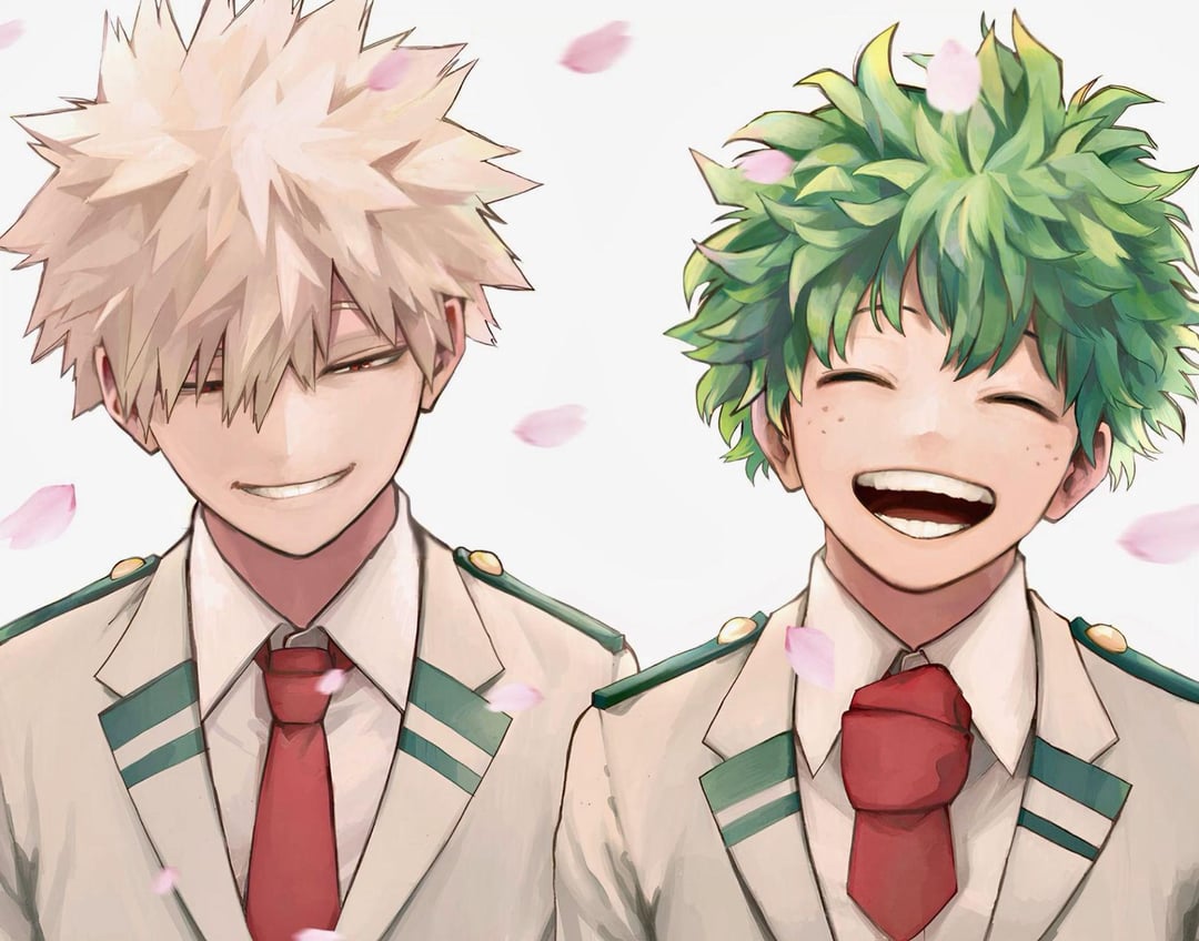 jacket mine, bakugou katsuki, midoriya izuku, boku no hero academia, 2boys, blonde hair, cherry blossoms, closed eyes, collared shirt, falling petals, freckles, green hair, grey jacket, hair between eyes, half-closed eyes, jacket, male focus, multiple boys, necktie, open mouth, parted lips, petals, pink petals, red necktie, school uniform, shirt, short hair, smile, spiked hair, u.a. school uniform, upper body, white background, white shirt