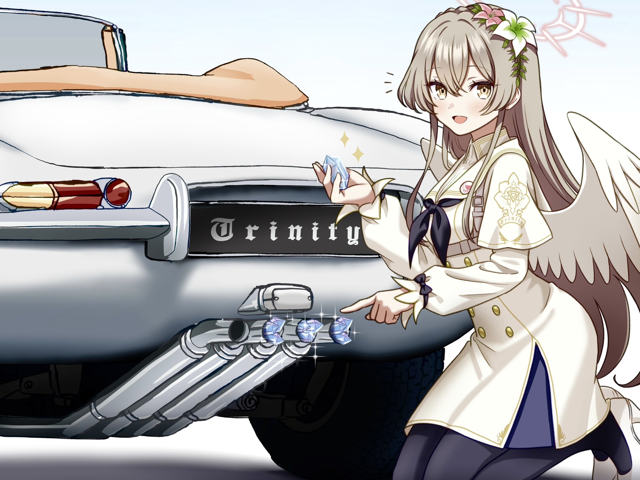gesupi (provlemsolver57), nagisa (blue archive), blue archive, highres, 1girl, black neckerchief, black pantyhose, brown eyes, brown hair, car, dress, exhaust pipe, flower, gem, hair flower, hair ornament, halo, holding, holding gem, kneeling, long hair, long sleeves, looking at viewer, motor vehicle, neckerchief, open mouth, pantyhose, pink flower, pointing, red halo, smile, solo, white dress, white flower, white wings, wings