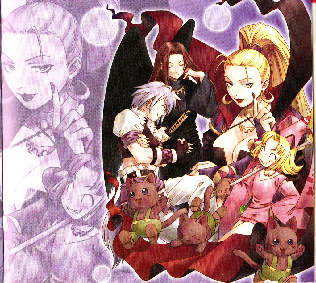 myao, crowdia, gao (marl kingdom), marjoly, myao (marl kingdom), nyanko (marl kingdom), marl kingdom, nippon ichi, puppet princess (marl kingdom), 4girls, animal ears, cat, dress, hat, long hair, multiple girls, wings