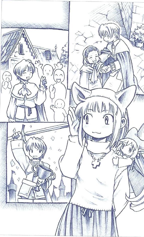 cornet espoir, ferdinand marl e, kururu (marl kingdom), kururu (rhapsody), marl kingdom, nippon ichi, puppet princess (marl kingdom), 1boy, 3girls, animal ears, blush, cat ears, cowboy shot, fake animal ears, greyscale, hairband, jewelry, long sleeves, monochrome, multiple girls, necklace, pendant, pleated skirt, short hair, skirt, smile, standing, sweater