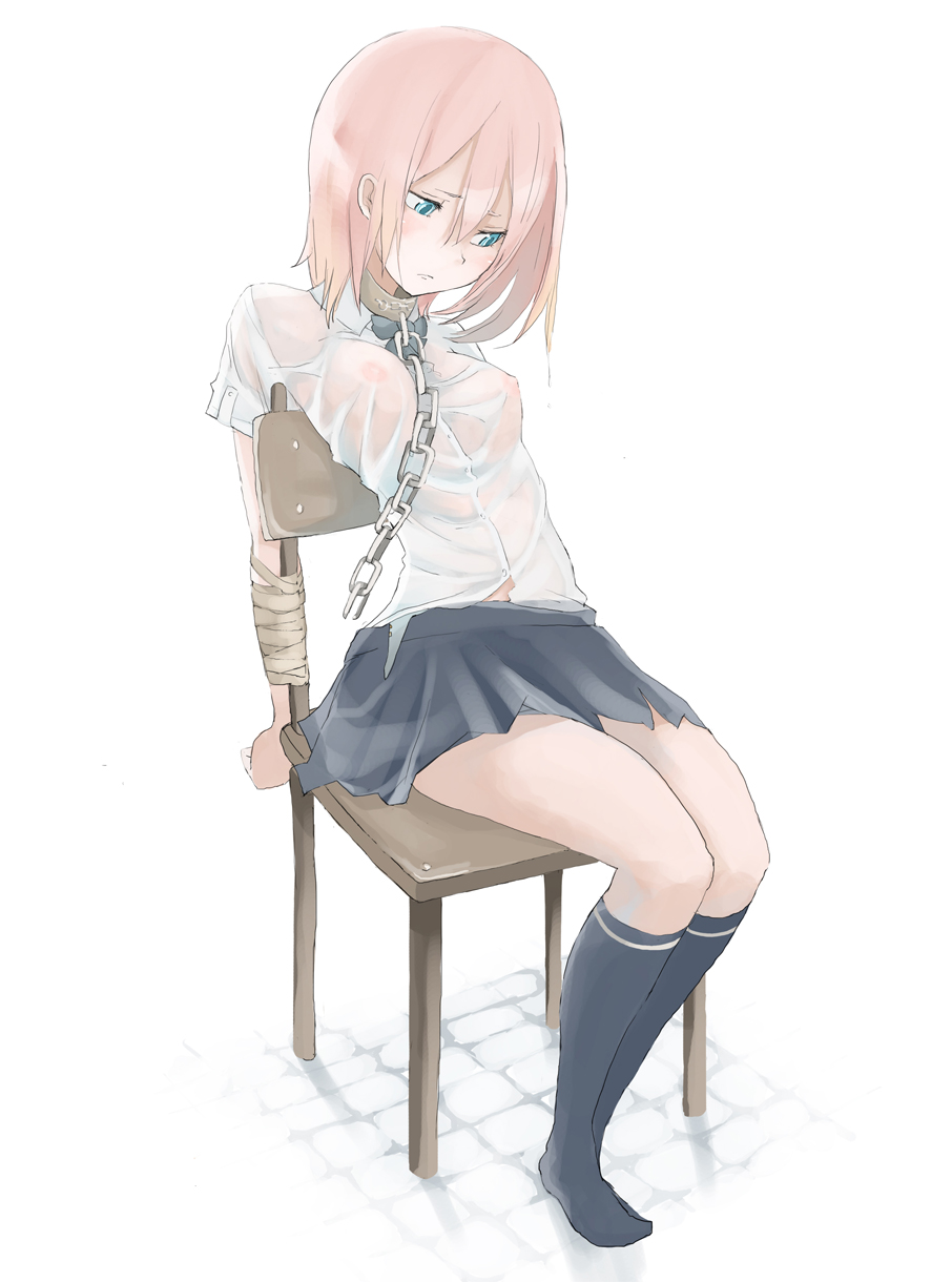 tansuke, takagi (tansuke), original, highres, 1girl, bdsm, blue eyes, blush, bondage, bound, breasts, chain, chain leash, chair, collar, female focus, kneehighs, leash, no bra, on chair, pink hair, sad, see-through clothes, short hair, skirt, small breasts, socks, solo, wet, wet clothes