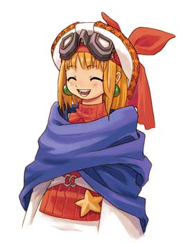 cornet espoir, marl kingdom, nippon ichi, puppet princess (marl kingdom), uniform, lowres, 1girl, :d, ^ ^, bandana, blonde hair, blush, buckle, cape, closed eyes, earrings, female focus, goggles, goggles on head, hat, jewelry, open mouth, short hair, simple background, smile, solo, star (symbol), white background