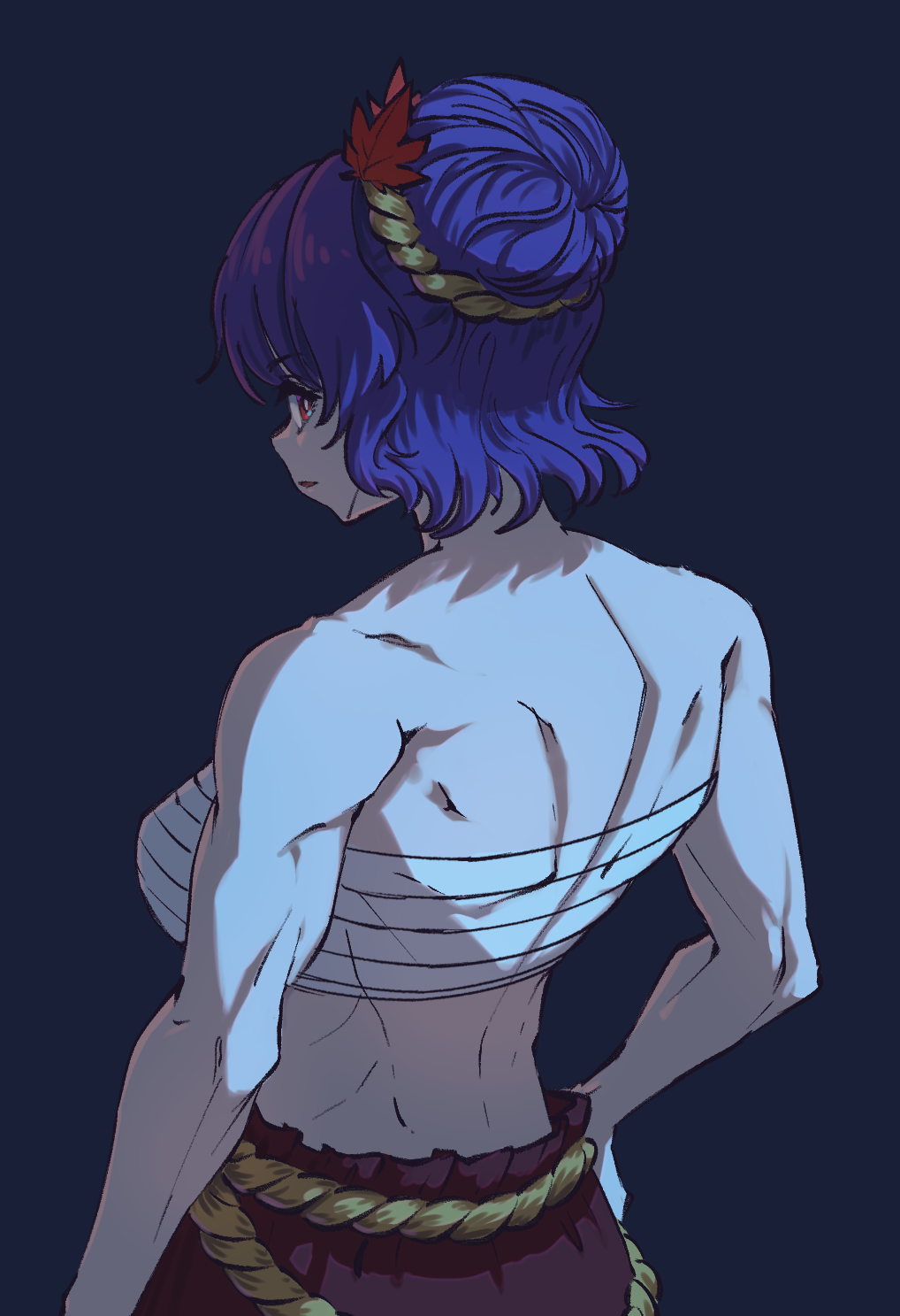 suteruko, yasaka kanako, touhou, commentary request, highres, 1girl, back, black skirt, blue background, chest sarashi, from behind, hair ornament, leaf, leaf hair ornament, looking at viewer, looking back, maple leaf, purple hair, red eyes, rope, sarashi, short hair, skirt, solo, toned, toned female
