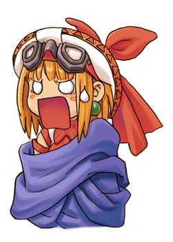 cornet espoir, marl kingdom, nippon ichi, puppet princess (marl kingdom), rhapsody, uniform, artist request, lowres, 1girl, bandana, blonde hair, blush, blush stickers, buckle, cape, earrings, empty eyes, female focus, goggles, goggles on head, hat, jewelry, o o, off shoulder, open mouth, short hair, sidelocks, simple background, solo, star (symbol), sweatdrop, white background