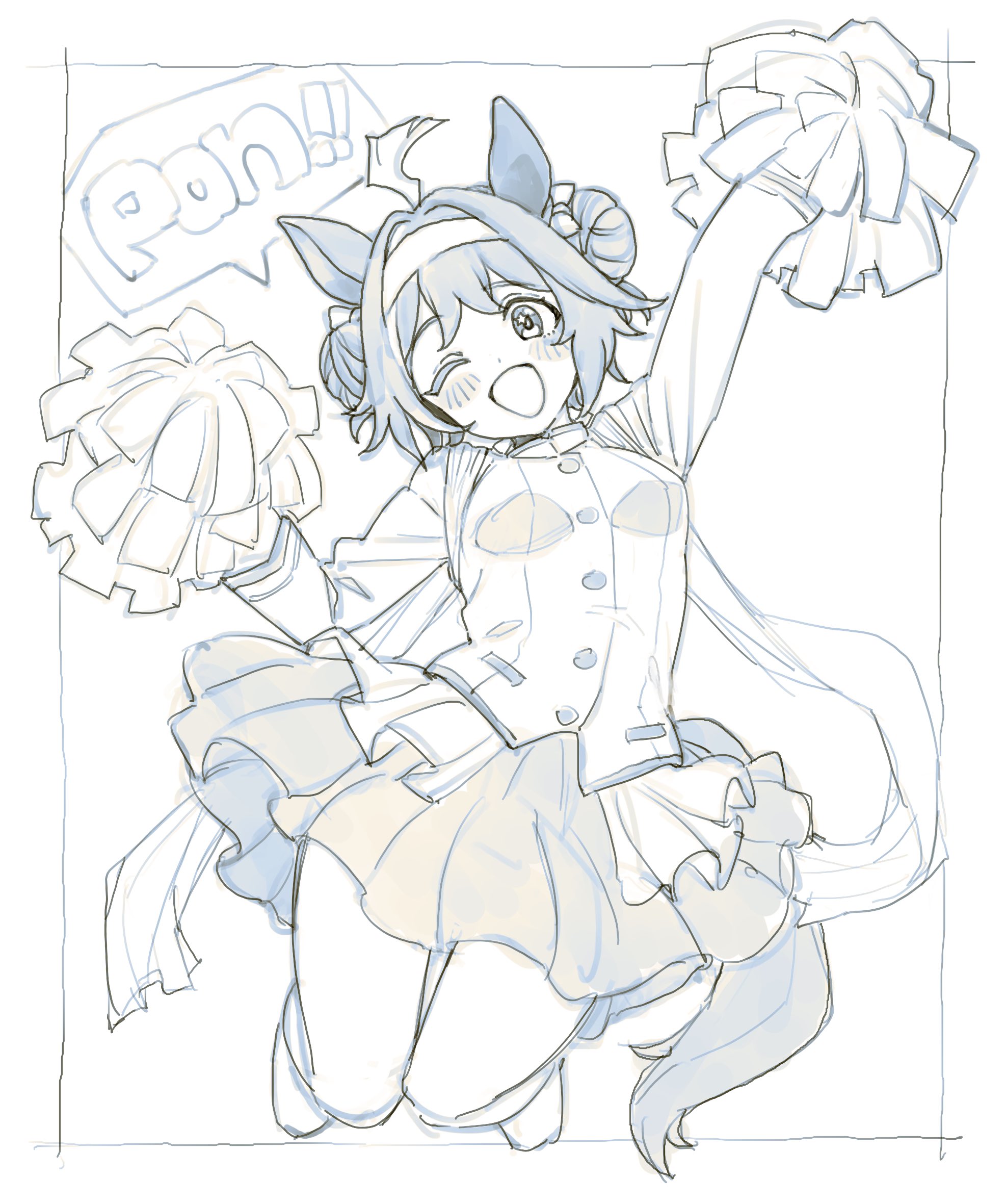 nosir onadat, rhein kraft (umamusume), umamusume, highres, 1girl, ahoge, animal ears, blush, breasts, cheering, cheerleader, double bun, ear covers, ear ornament, hair between eyes, hair bun, hair ornament, holding, holding pom poms, horse ears, horse girl, horse tail, limited palette, long sleeves, looking at viewer, medium breasts, medium hair, one eye closed, open mouth, pom pom (cheerleading), pom poms, shirt, simple background, skirt, smile, solo, tail