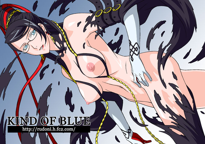 rudoni, bayonetta, bayonetta (series), bayonetta 1, 1girl, black hair, blue eyes, breasts, elbow gloves, female focus, glasses, gloves, long hair, medium breasts, mole, mole under mouth, nipples, solo