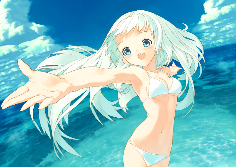 emino, bad id, bad pixiv id, 1girl, bikini, cloud, day, female focus, green eyes, long hair, open mouth, outstretched arms, sky, solo, spread arms, swimsuit, water, white hair